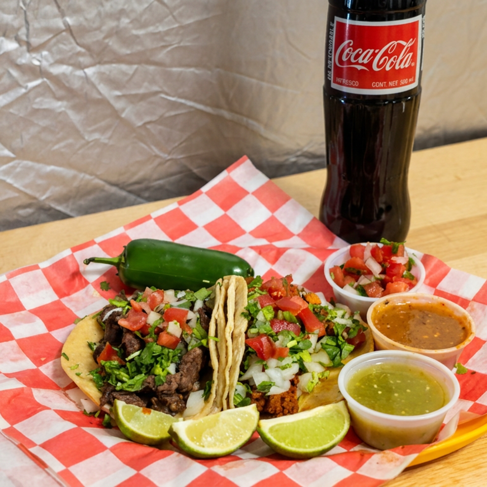 Three tacos topped with cilantro, onions, and salsa, served with lime wedges, jalapeño, dipping sauces, and Coca-Cola.