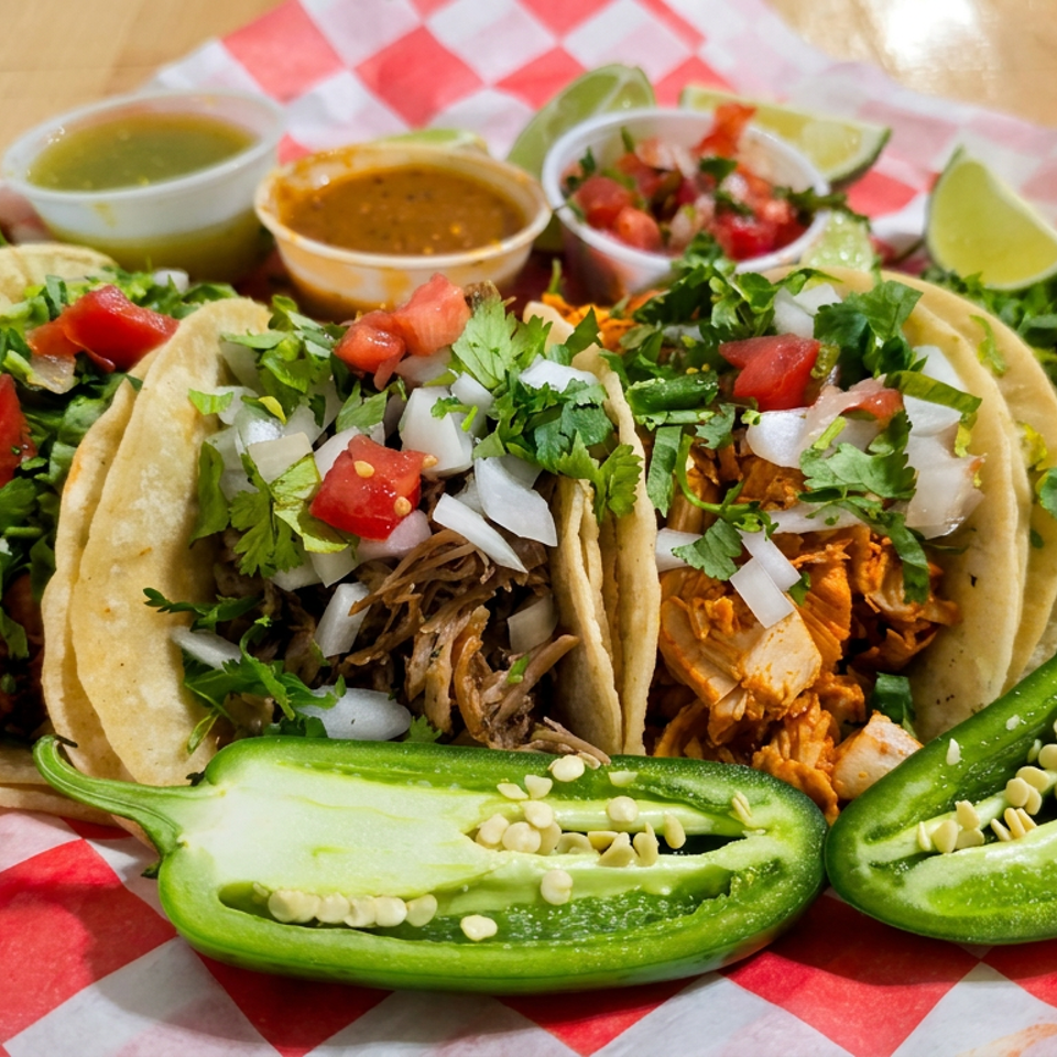 Assorted Mexican tacos topped with cilantro, onion, and tomatoes, served with salsa, lime wedges, and halved jalapeños.