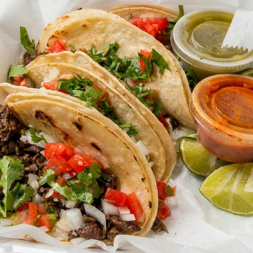 Three soft tacos filled with seasoned beef, onions, cilantro, and diced tomatoes, served with lime wedges and salsa.